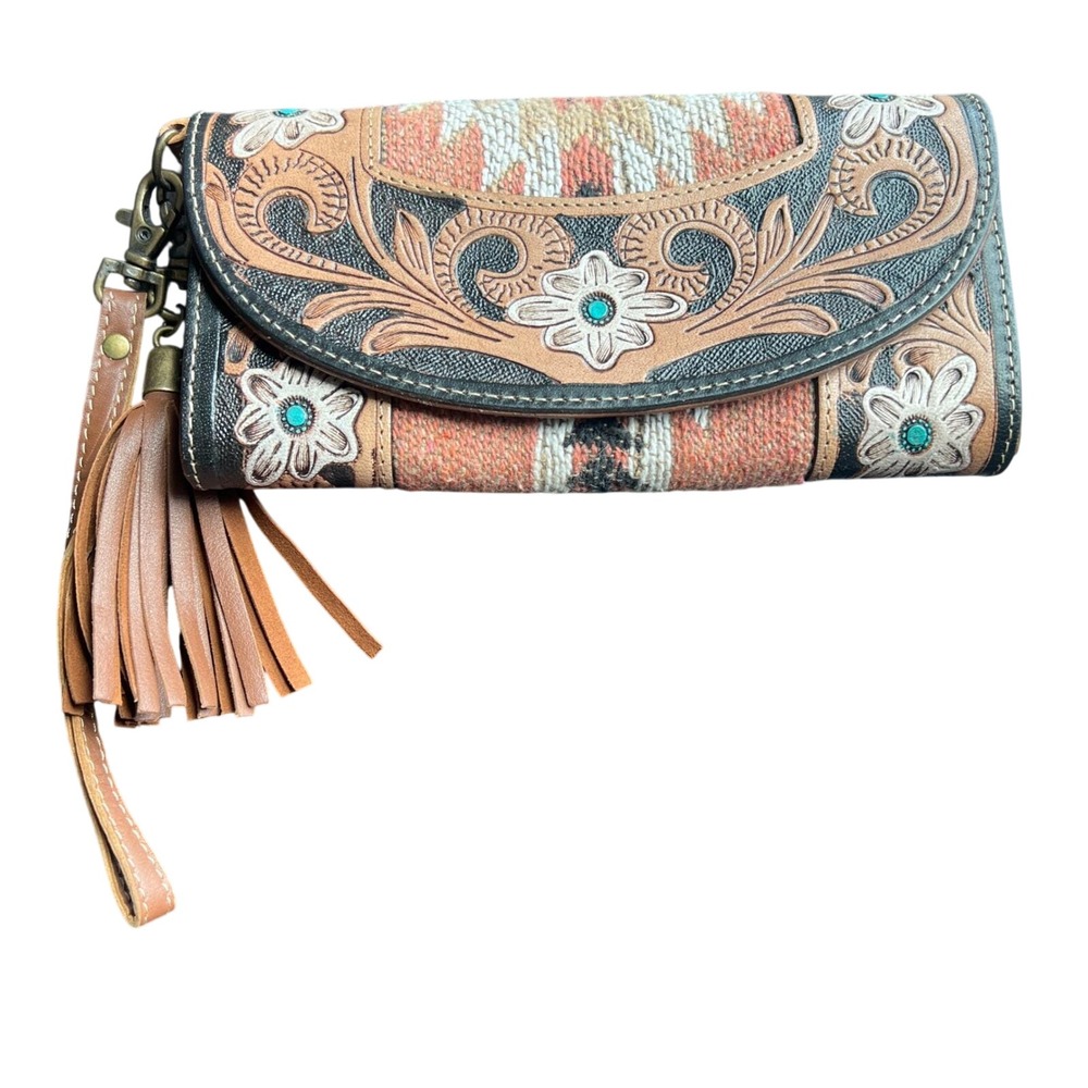 United Suspl Co. Tooled Leather Kilim Wristlet Wallet Turquoise Tassel Western